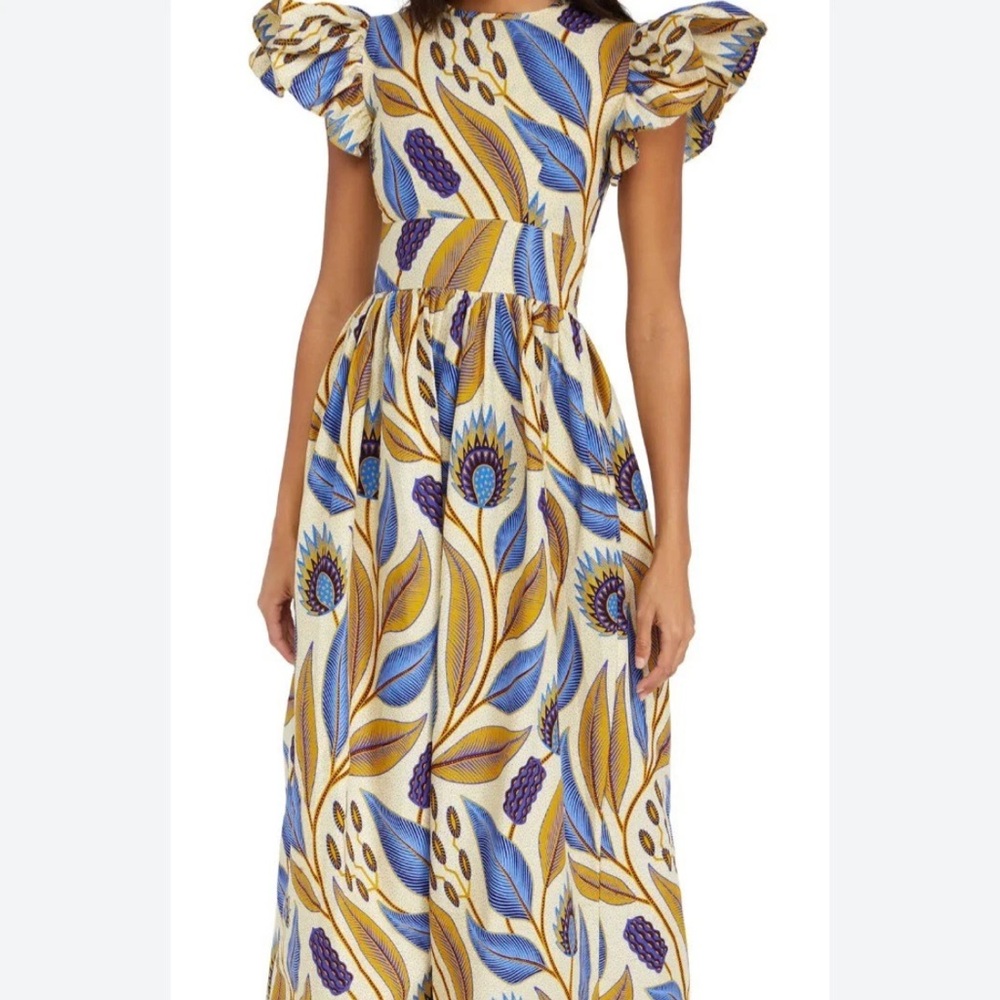 NEW! Sika Ruffle Long Dress Blue/Yellow Floral Leaf Pattern Sz UK 6 US 2
